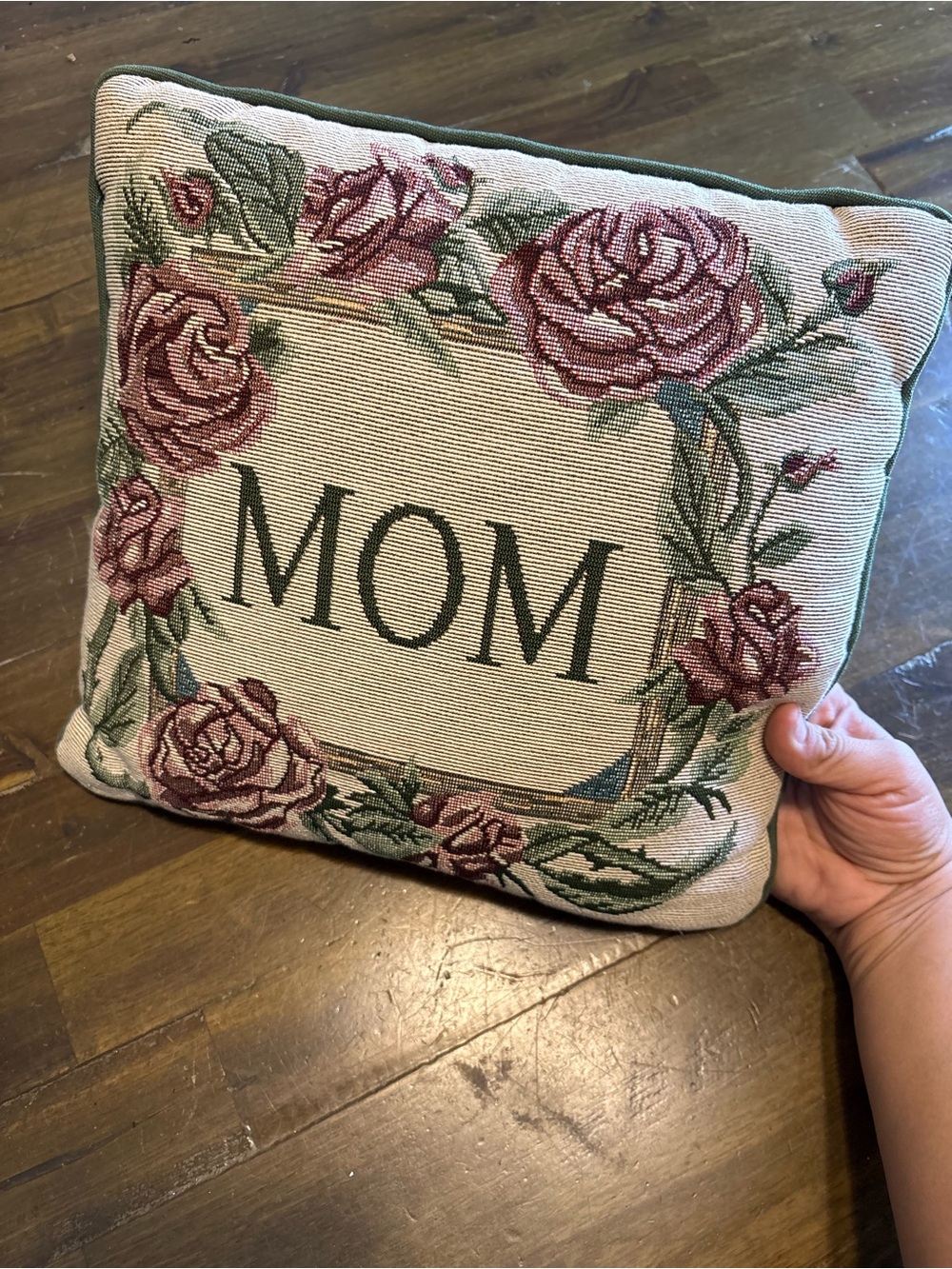Vintage Tapestry Throw Pillow MOM Roses Pink Green Nostalgic Woven Cottagecore